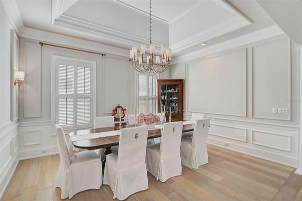 Chandelier, Dining room, Interior, Wood Texture Flooring