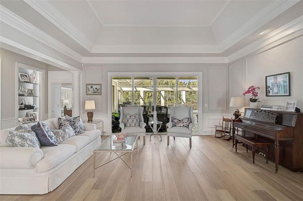 Interior, Living room, Piano, Recessed Lighting, Wood Texture Flooring