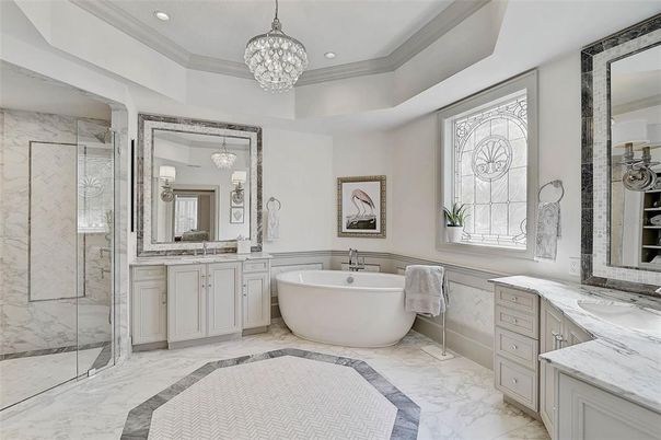 Bathroom, Dual Sink Vanities, Free Standing Baths, Glass Shower, Interior, Marble, Marble Walls, Pendant Lights, Recessed Lighting