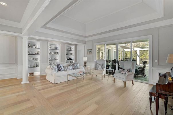 Interior, Living room, Piano, Recessed Lighting, Wood Texture Flooring