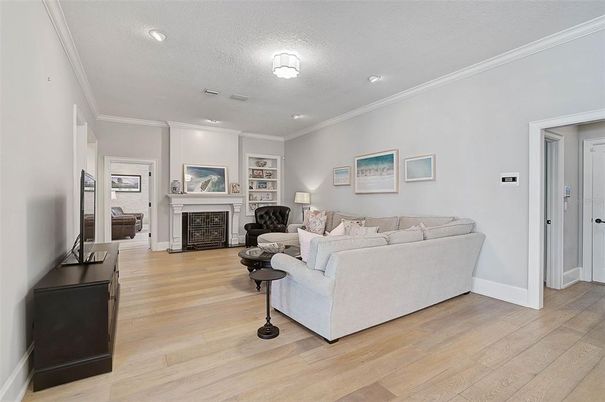 Fireplace, Interior, Living room, Recessed Lighting, Wood Texture Flooring