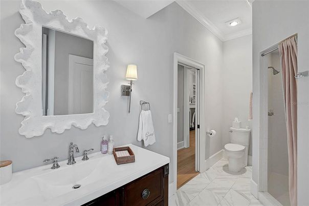 Bathroom, Interior, Marble, Recessed Lighting, Wood Texture Flooring