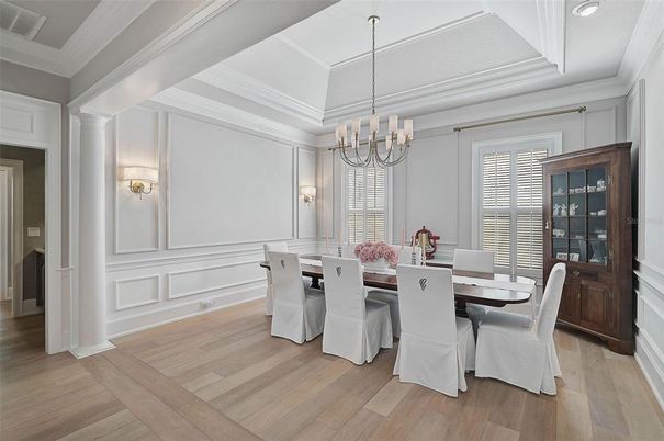 Chandelier, Dining room, Interior, Wood Texture Flooring