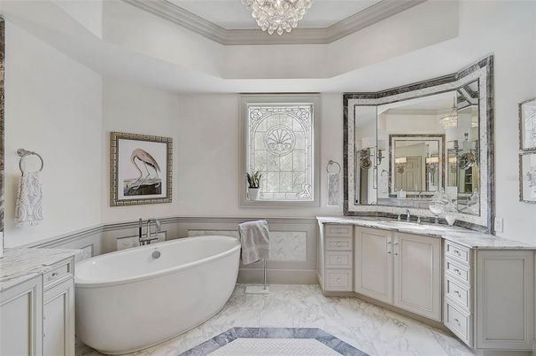 Bathroom, Chandelier, Dual Sink Vanities, Free Standing Baths, Interior, Marble
