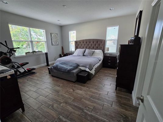 Bedroom, Interior, Recessed Lighting, Wood Texture Flooring