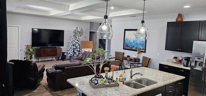 Dining room, Interior, Kitchen, Living room, Pendant Lights, Recessed Lighting, Stainless Steel Appliances, Wood Texture Flooring