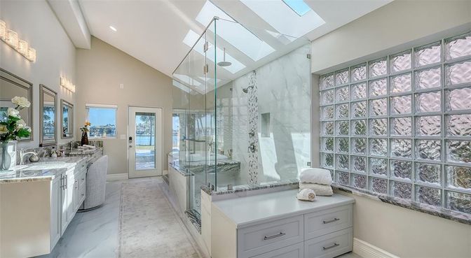 Bathroom, Glass Shower, Interior, Marble, Marble Walls, Recessed Lighting