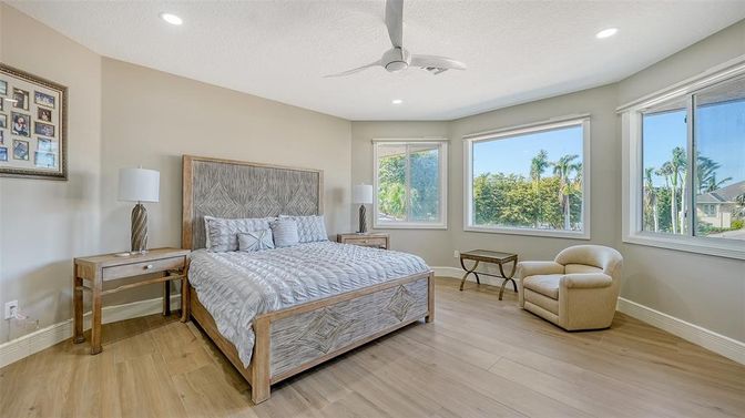 Bedroom, Interior, Recessed Lighting, Wood Texture Flooring