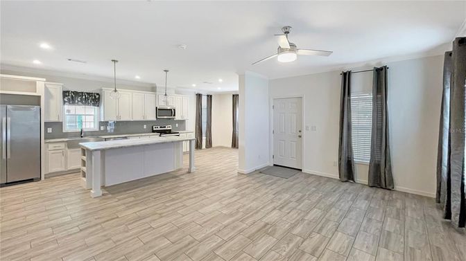 Interior, Kitchen, Pendant Lights, Recessed Lighting, Stainless Steel Appliances, Wood Texture Flooring