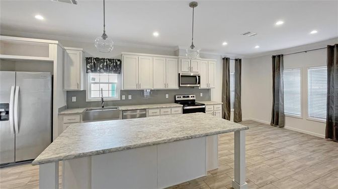 Interior, Kitchen, Pendant Lights, Recessed Lighting, Stainless Steel Appliances, Wood Texture Flooring