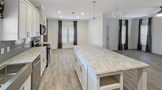 Interior, Kitchen, Pendant Lights, Recessed Lighting, Wood Texture Flooring