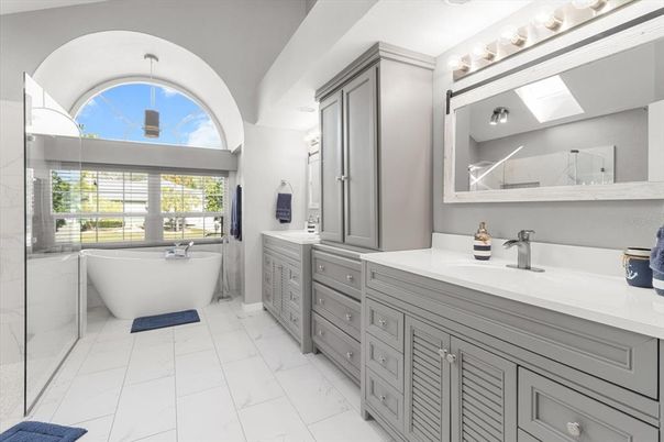 Bathroom, Dual Sink Vanities, Free Standing Baths, Interior, Marble, Marble Walls