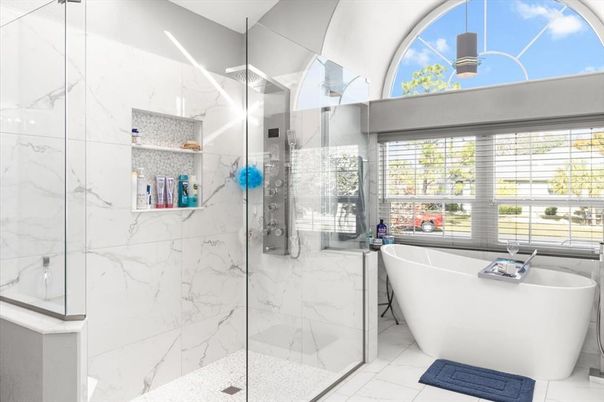 Bathroom, Free Standing Baths, Glass Shower, Interior, Marble, Marble Walls