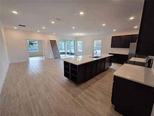 Interior, Kitchen, Pendant Lights, Recessed Lighting, Wood Texture Flooring