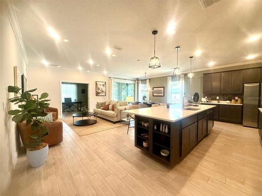 Interior, Kitchen, Living room, Pendant Lights, Recessed Lighting, Wood Texture Flooring