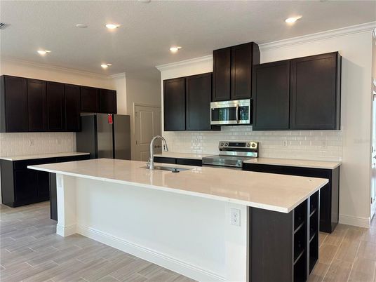Interior, Kitchen, Recessed Lighting, Stainless Steel Appliances, Wood Texture Flooring