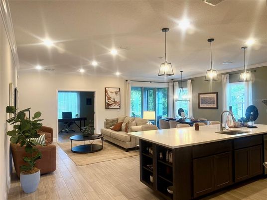 Dining room, Interior, Kitchen, Living room, Pendant Lights, Recessed Lighting, Wood Texture Flooring