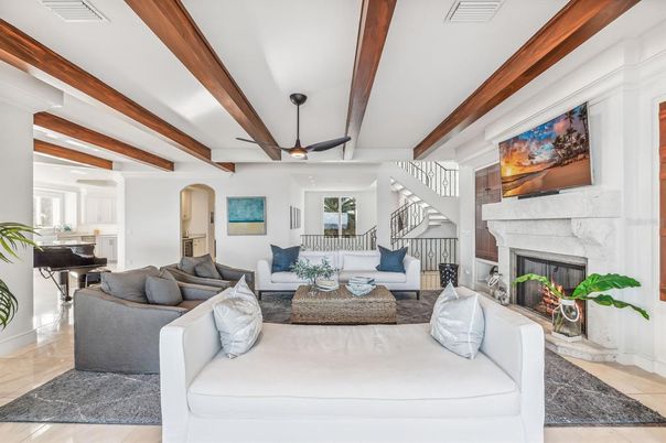 Fireplace, Interior, Living room, Piano, Wooden Beams