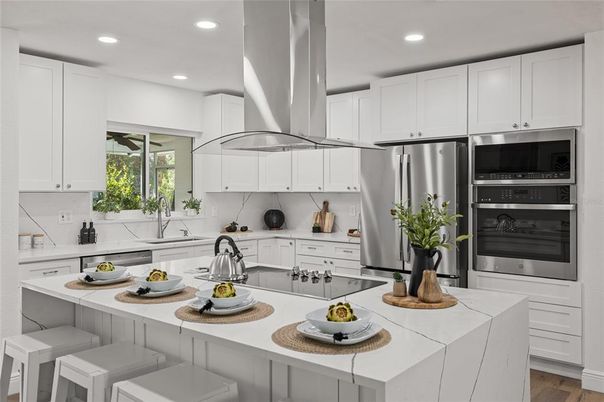Interior, Kitchen, Recessed Lighting, Stainless Steel Appliances, Wood Texture Flooring