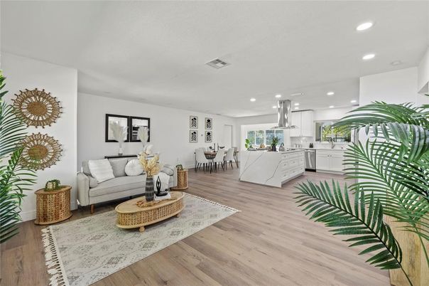 Dining room, Interior, Kitchen, Living room, Recessed Lighting, Wood Texture Flooring