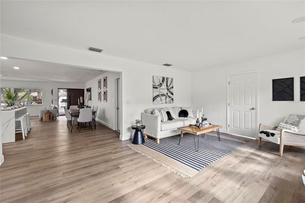 Dining room, Interior, Living room, Recessed Lighting, Wood Texture Flooring