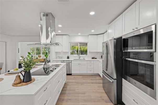 Interior, Kitchen, Recessed Lighting, Stainless Steel Appliances, Wood Texture Flooring