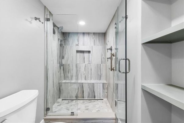 Bathroom, Glass Shower, Interior, Marble Walls, Recessed Lighting