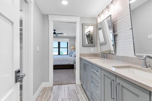 Bathroom, Bedroom, Dual Sink Vanities, Interior, Marble, Recessed Lighting