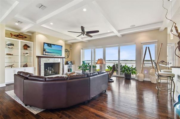 Fireplace, Interior, Living room, Recessed Lighting, Wood Texture Flooring