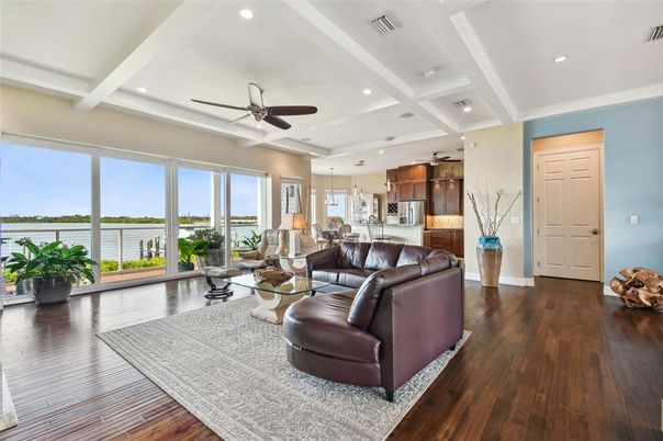 Interior, Kitchen, Living room, Recessed Lighting, Water, Wood Texture Flooring
