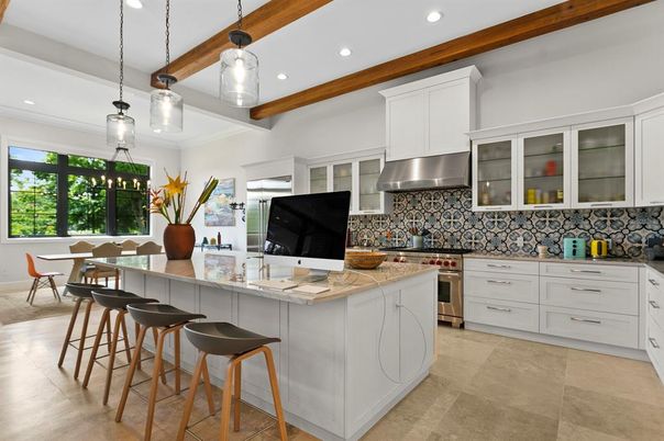 Dining room, Interior, Kitchen, Pendant Lights, Recessed Lighting, Stainless Steel Appliances, Wooden Beams