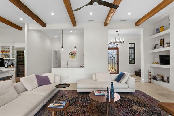 Interior, Living room, Pendant Lights, Recessed Lighting, Wooden Beams