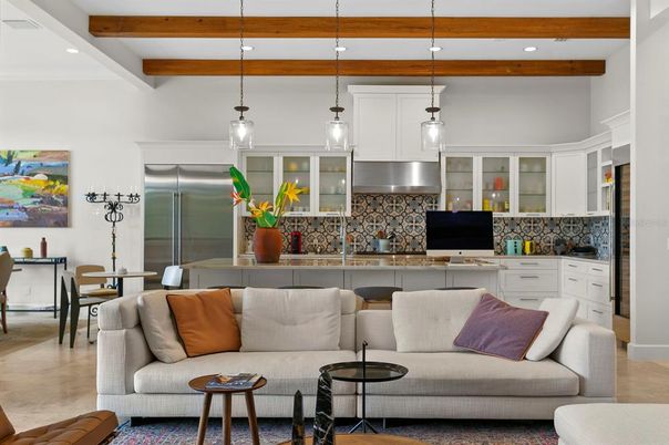 Dining room, Interior, Kitchen, Living room, Pendant Lights, Recessed Lighting, Stainless Steel Appliances, Wooden Beams