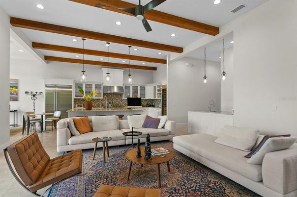 Dining room, Interior, Kitchen, Living room, Pendant Lights, Recessed Lighting, Stainless Steel Appliances, Wooden Beams