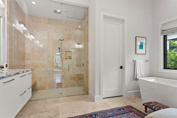 Bathroom, Free Standing Baths, Glass Shower, Interior, Recessed Lighting