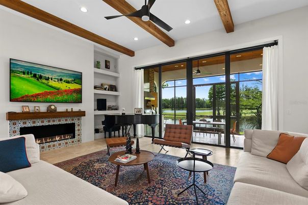 Fireplace, Interior, Living room, Piano, Recessed Lighting, Wooden Beams