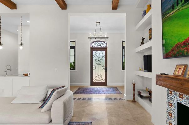 Fireplace, Interior, Pendant Lights, Recessed Lighting, Wooden Beams