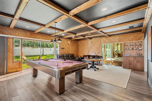 Billiard Table, Game Room, Interior, Pendant Lights, Recessed Lighting, Wooden Beams, Wood Texture Flooring, Wooden Walls