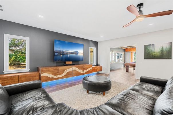 Billiard Table, Game Room, Interior, Living room, Recessed Lighting, Wood Texture Flooring