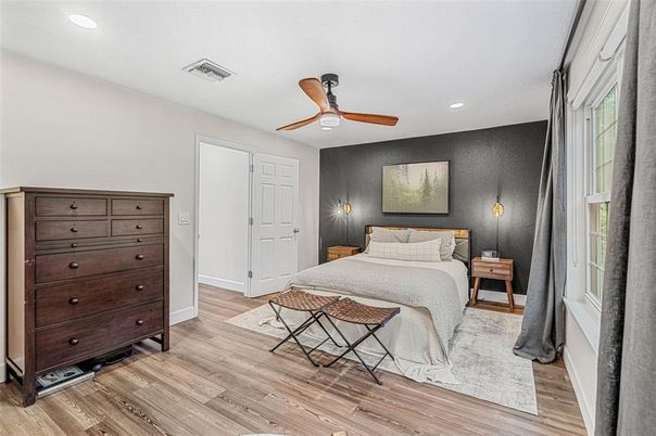 Bedroom, Interior, Recessed Lighting, Wood Texture Flooring