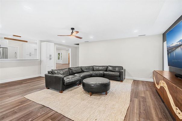 Interior, Living room, Recessed Lighting, Wood Texture Flooring