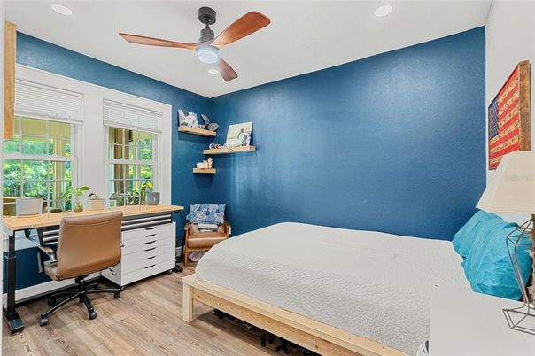Bedroom, Home Office, Interior, Recessed Lighting, Wood Texture Flooring