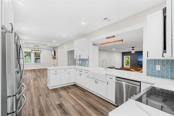 Interior, Kitchen, Pendant Lights, Recessed Lighting, Stainless Steel Appliances, Wood Texture Flooring