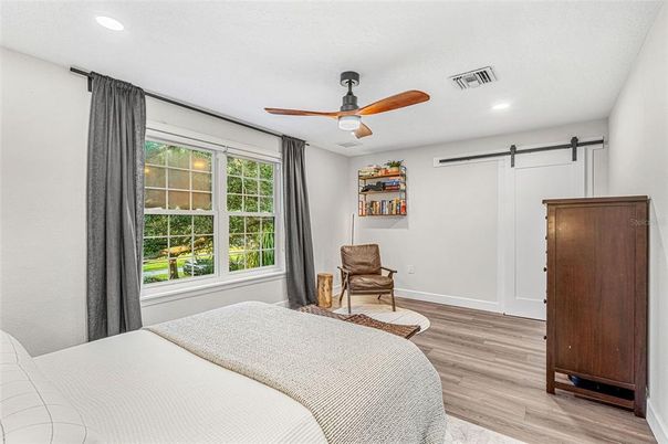 Bedroom, Interior, Recessed Lighting, Wood Texture Flooring