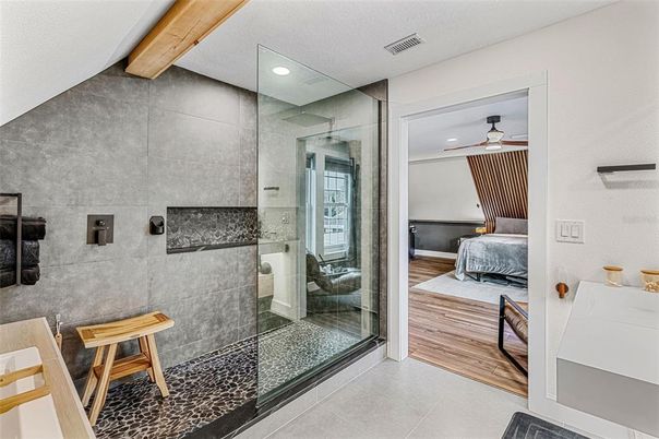 Bathroom, Bedroom, Glass Shower, Interior, Recessed Lighting, Wooden Beams, Wood Texture Flooring