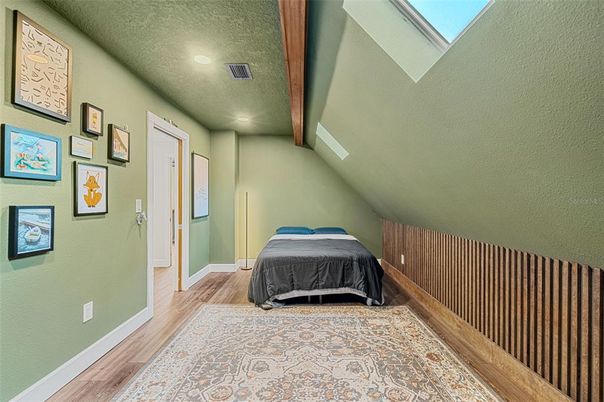 Bedroom, Interior, Recessed Lighting, Wooden Beams, Wood Texture Flooring