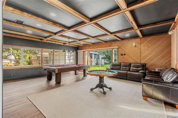 Billiard Table, Game Room, Interior, Recessed Lighting, Wooden Beams, Wood Texture Flooring, Wooden Walls