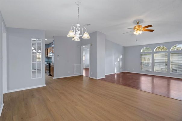 Empty room, Interior, Kitchen, Pendant Lights, Wood Texture Flooring