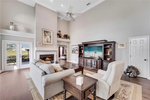 Fireplace, Interior, Living room, Recessed Lighting, Wood Texture Flooring