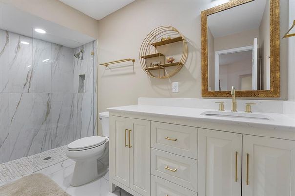 Bathroom, Dual Sink Vanities, Interior, Marble, Marble Walls, Recessed Lighting